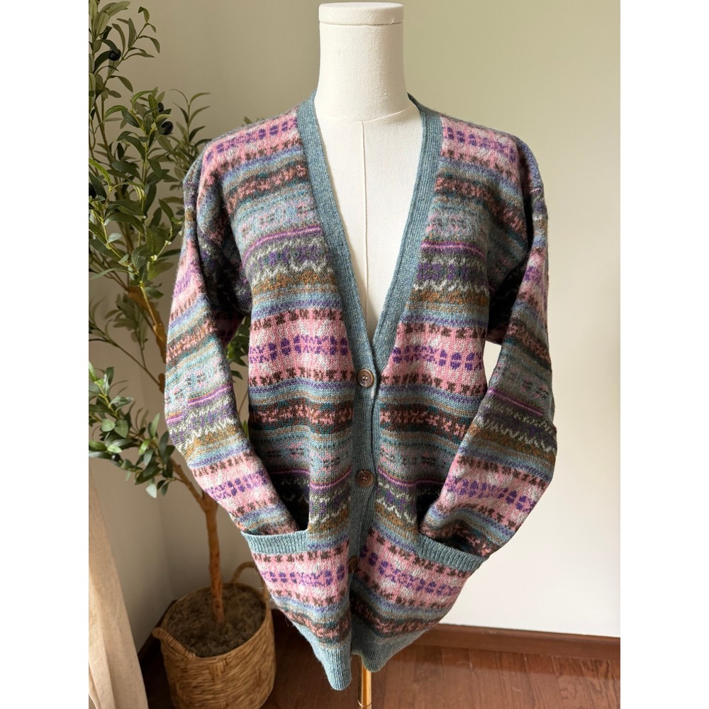 Vintage Eddie Bauer 100% Wool Cardigan Sweater Fair Isle Nordic Medium Cabin Ski